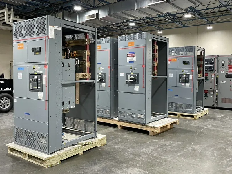 Switchgear cubicle doors open showing breakers