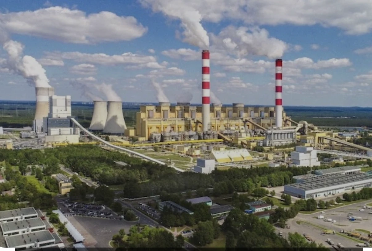 Aerial view of a large power generation facility.