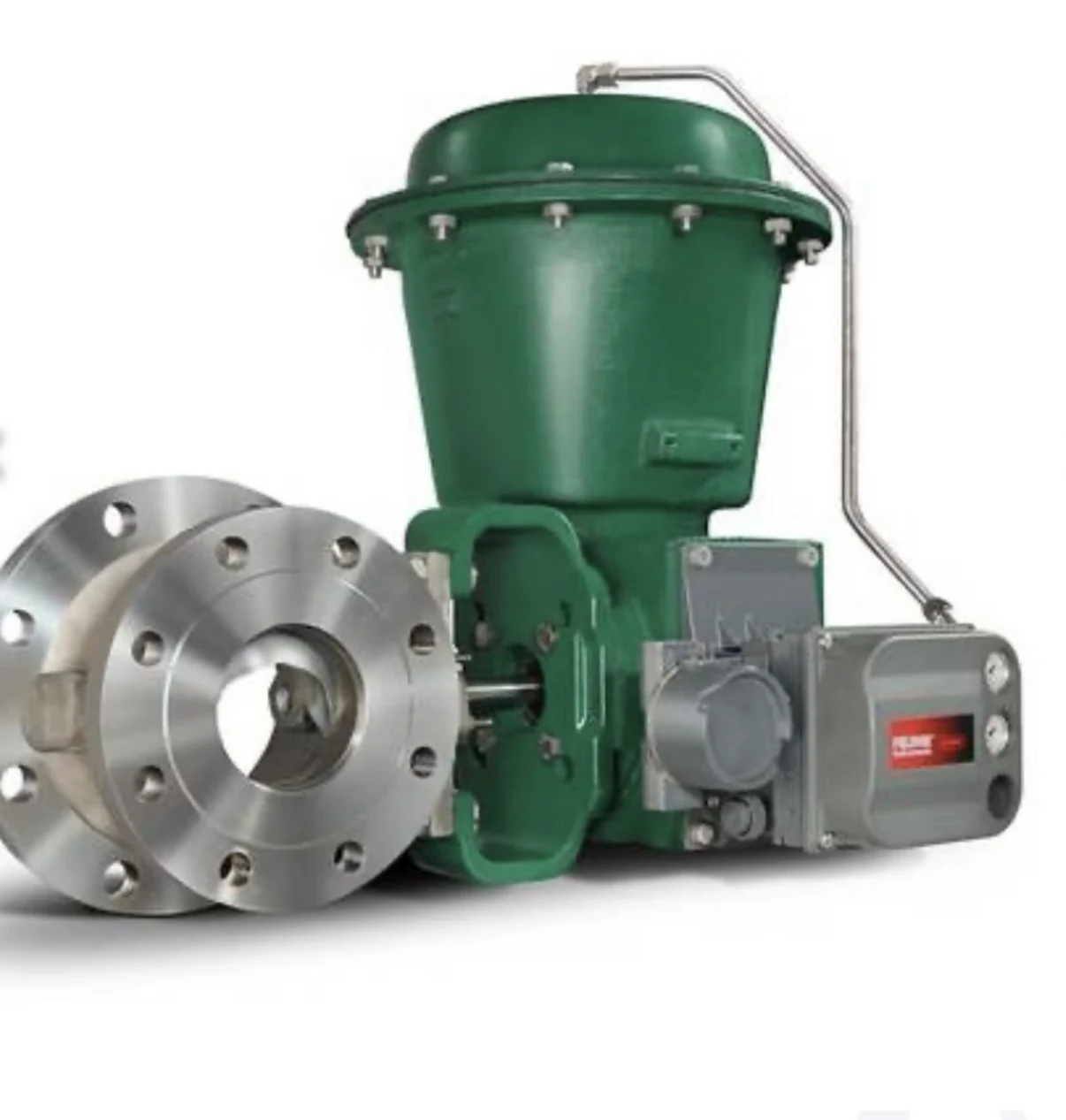 Green flanged industrial control valve with pneumatic actuator.